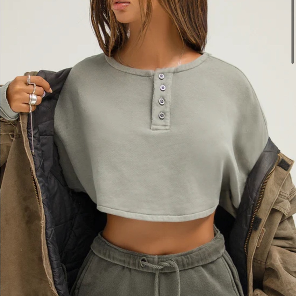 Joah Brown Grey Henley Crop Top